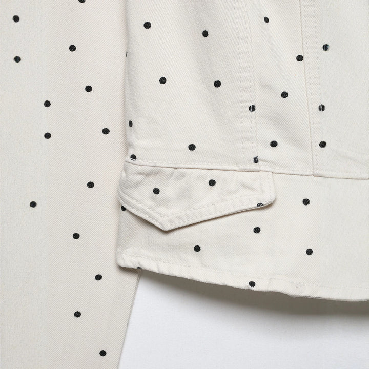 Women's Polka Dot Cropped Denim Jacket with Stand-up Collar, Zipper and Flap Pockets Amarae