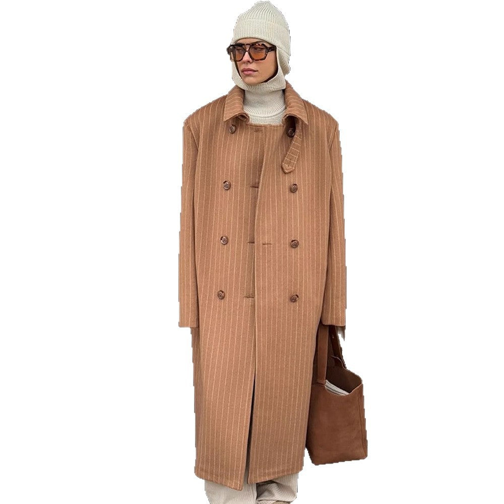 Women Double-Breasted Oversized Wool Blend Coat with Pinstripes and Loose Fit Amarae