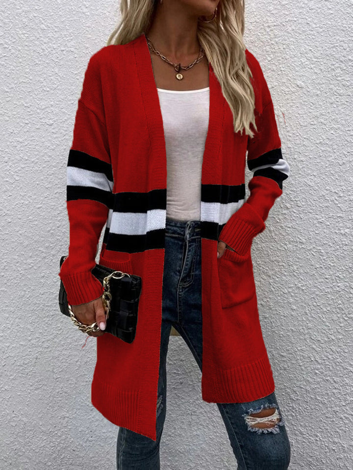 Ladies elegant knitted jacket with wide stripes and pockets Lune London