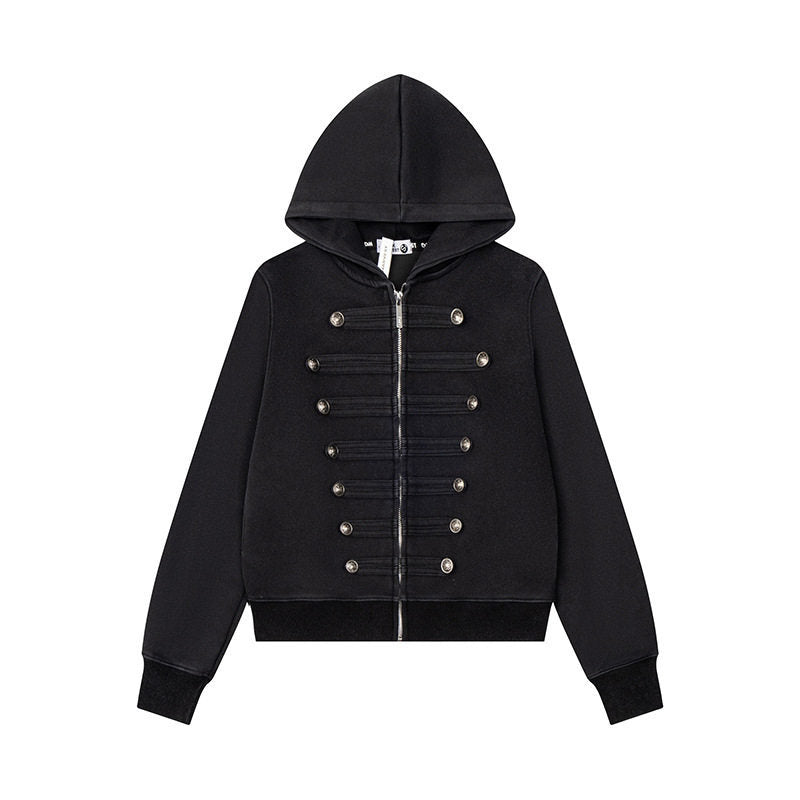 Women’s Hooded Sweat Jacket with Military Button Decoration and Full-Length Zipper Amarae
