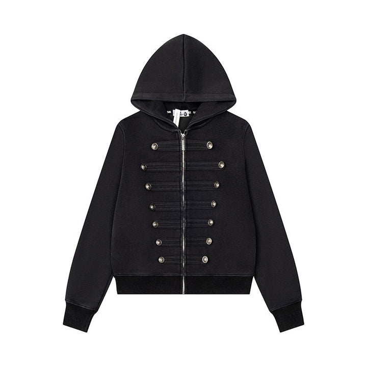 Women’s Hooded Sweat Jacket with Military Button Decoration and Full-Length Zipper Amarae