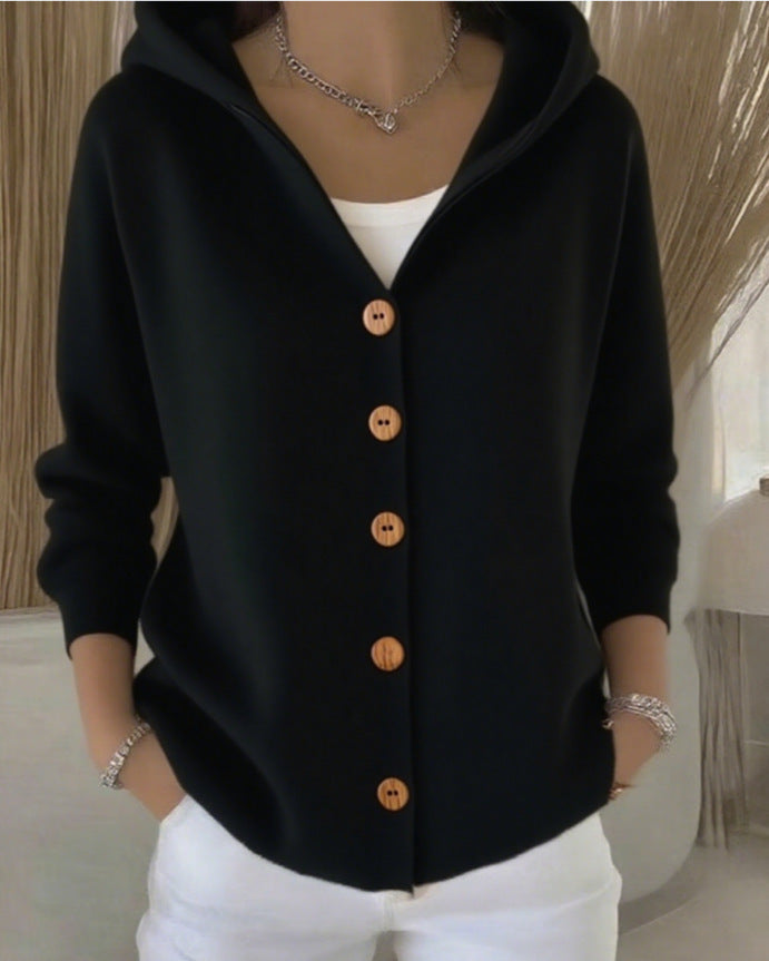 Knitted hooded jacket for ladies with practical button details and a relaxed fit Lune London