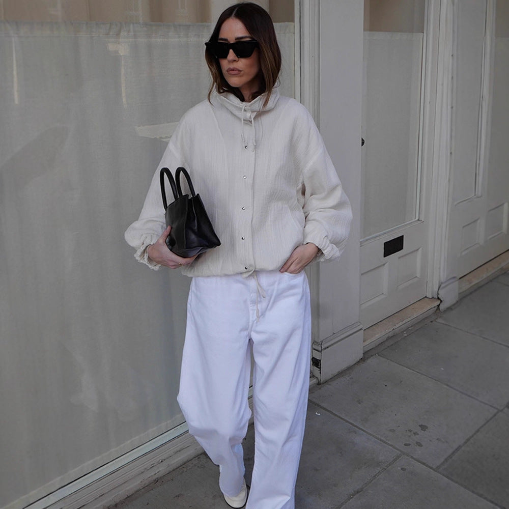 Women's Lightweight Hooded Blouson Jacket made of Cotton Muslin with Drawstring Amarae