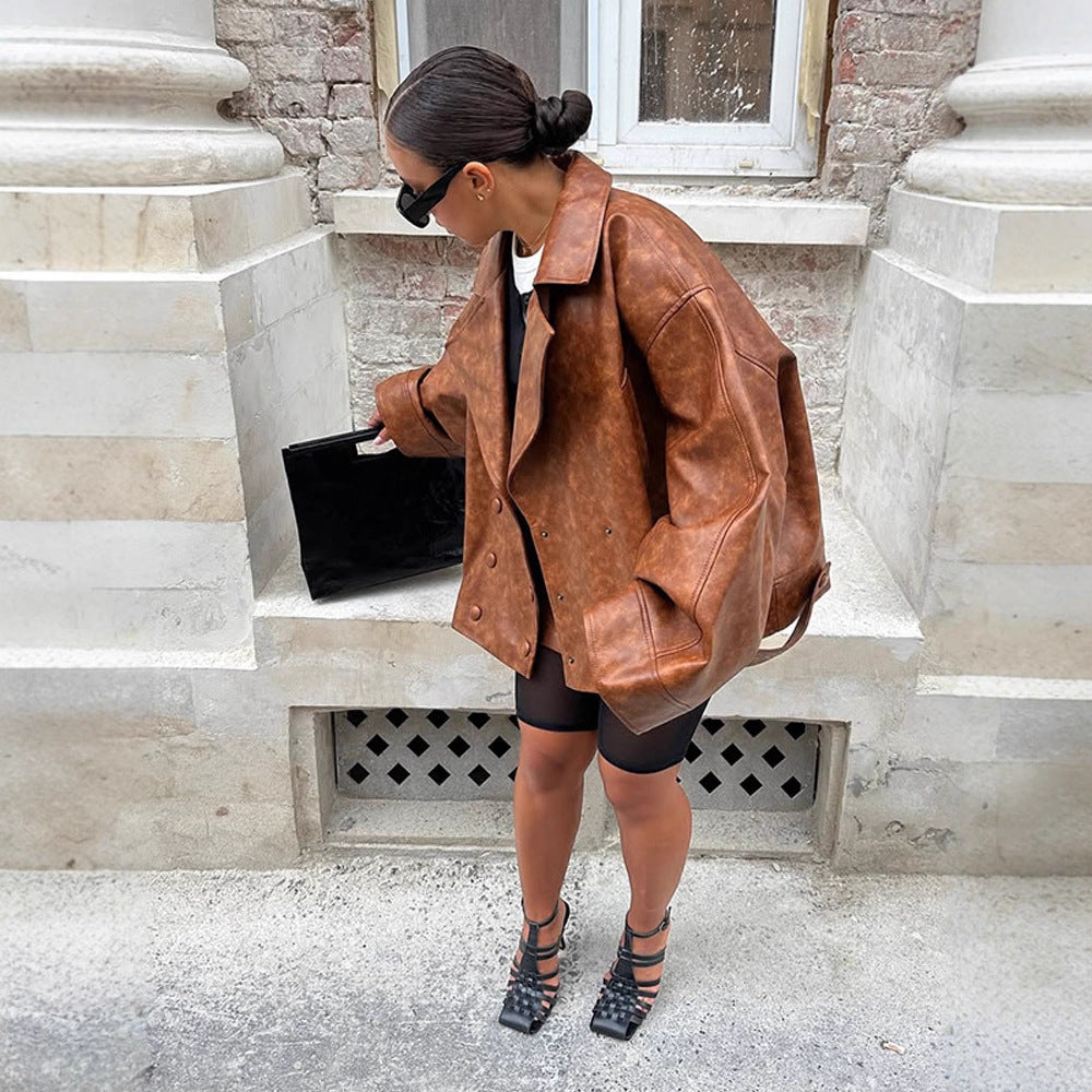 Women's Cropped Boxy Faux Leather Coat with Oversized Lapels and Double-Breasted Button Placket Amarae