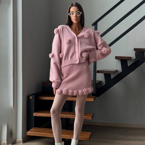 Knitted jacket for women with floral design and matching skirt Amarae