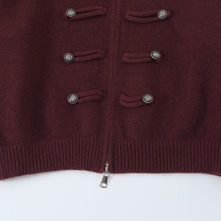 Ladies cardigan with stand-up collar, zipper and decorative knot trims Amarae