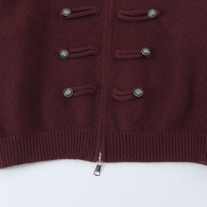 Ladies cardigan with stand-up collar, zipper and decorative knot trims Amarae