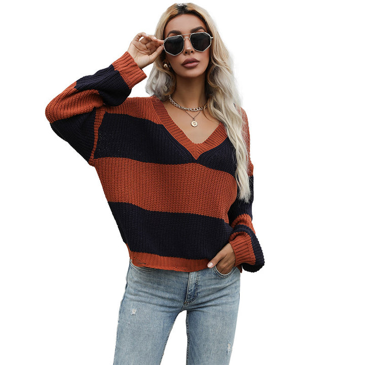 Pull en tricot surdimensionné pour femme avec encolure en V et rayures bloquées Chic & Stil