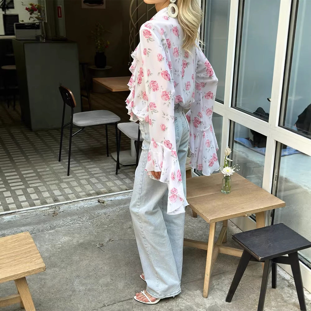 Women's chiffon blouse with rose print, ruffles and bell sleeves Amarae