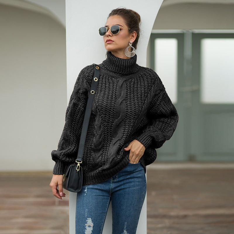 Ladies thick knit sweater with high collar and textured twisted pattern Lune London
