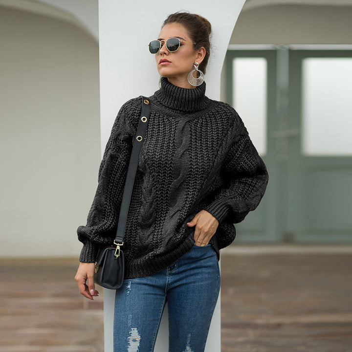 Ladies thick knit sweater with high collar and textured twisted pattern Lune London