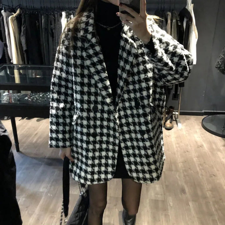 Women Oversized Check Coat with Double Button Placket Chic & Stil