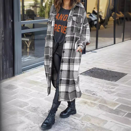 Ladies Long Checkered Coat with Practical Pockets and Button Closure Amarae