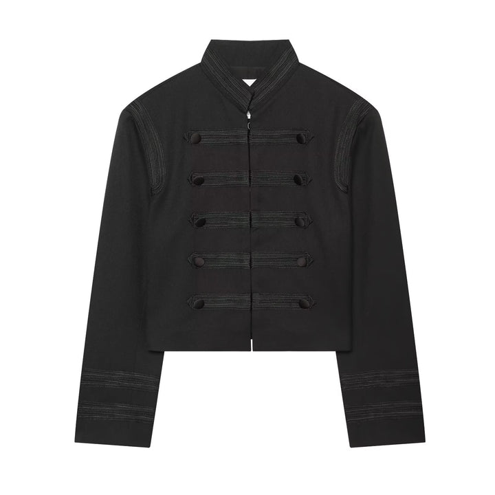 Women Cropped Marschall Jacket with Stand-Up Collar and Decorative Trim Amarae