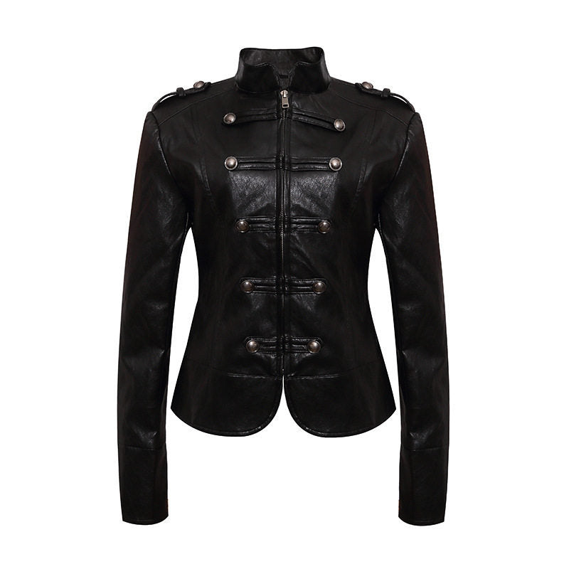 Women’s fitted leather jacket in military style with stand-up collar and decorative button placket Amarae