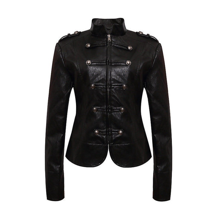 Women’s fitted leather jacket in military style with stand-up collar and decorative button placket Amarae