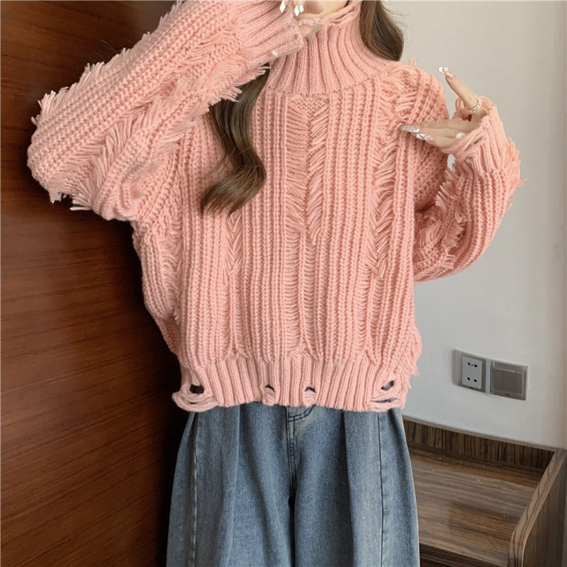 Pull en tricot épais pour femmes avec col montant et franges modernes Chic & Stil