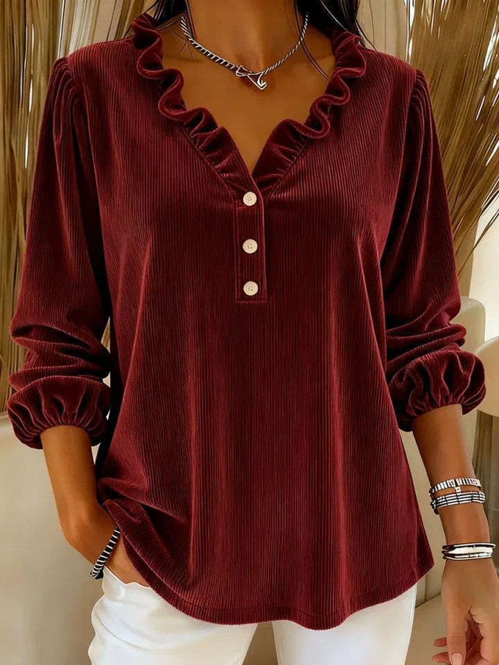 Women's ruffle blouse with button placket and 3/4 sleeves Lune London