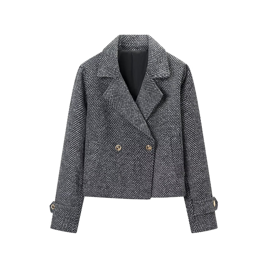 Women Short Double-Breasted Herringbone Tweed Jacket with Notch Lapel Amarae