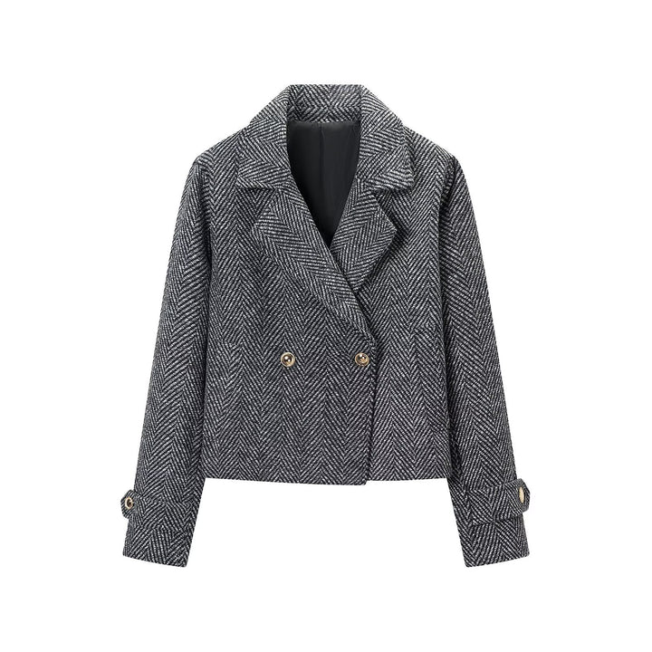 Women Short Double-Breasted Herringbone Tweed Jacket with Notch Lapel Amarae