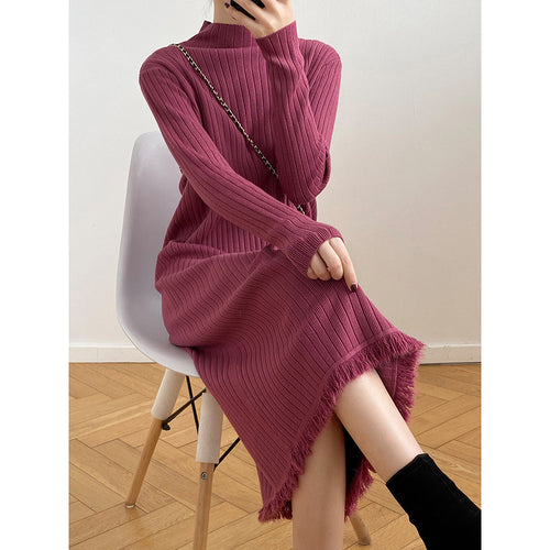 Knit dress for women with high collar and striped pattern Amarae