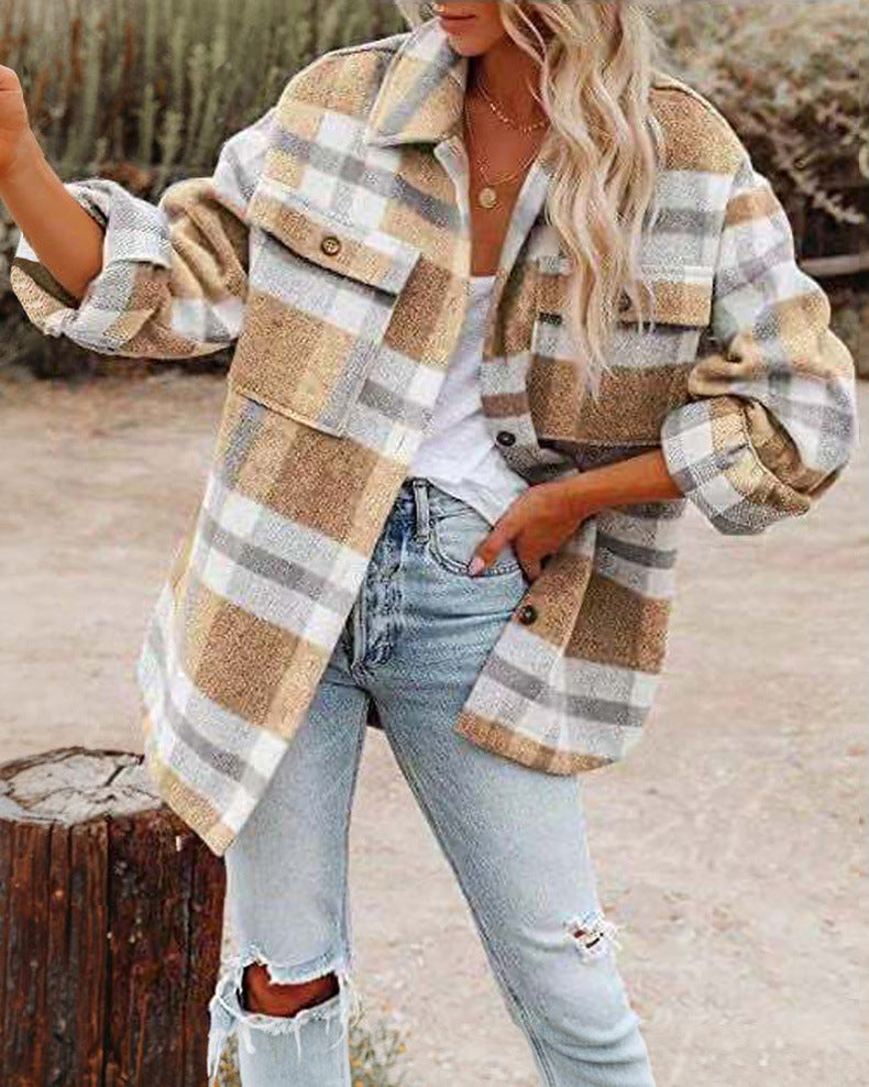 Oversized shirt jacket for women with check pattern and practical pockets Lune London
