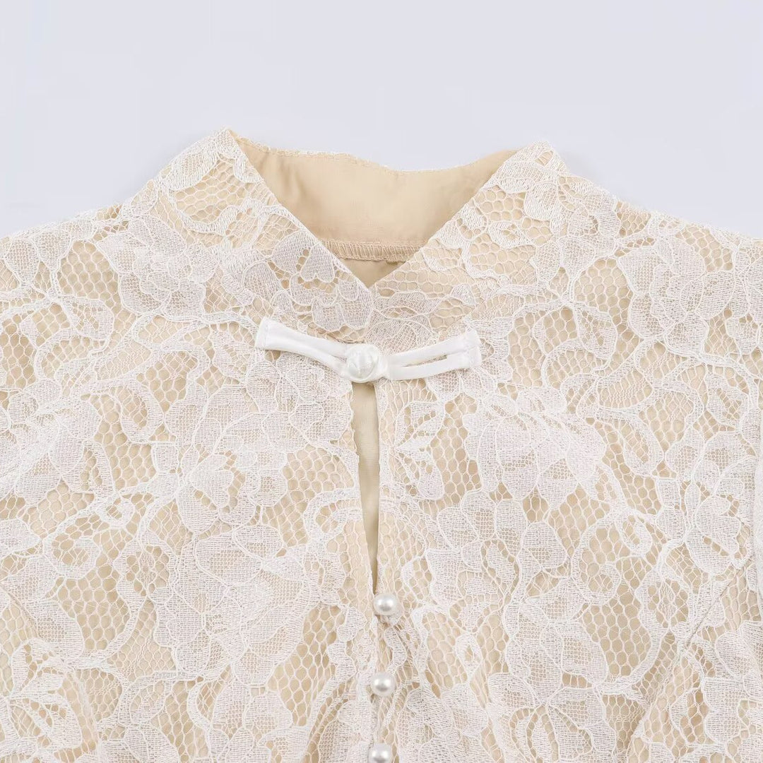 Women's lace blouse with stand-up collar and pearl button placket Amarae