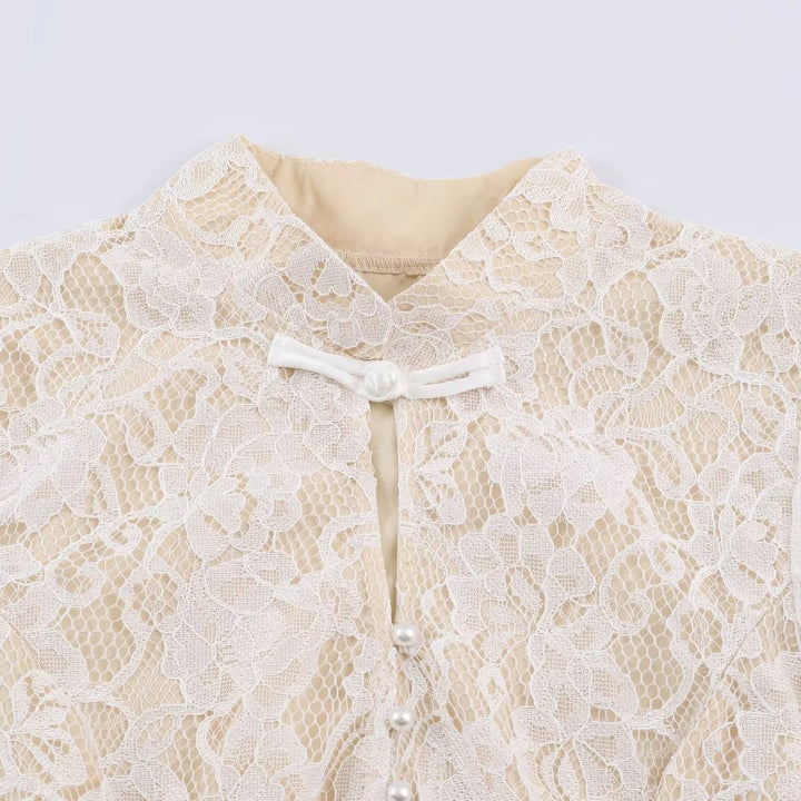 Women's lace blouse with stand-up collar and pearl button placket Amarae