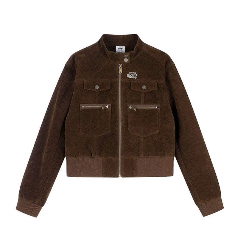 Women's Short Cut Velvet Velour Bomber Jacket with Stand-up Collar and Multifunctional Pockets Amarae