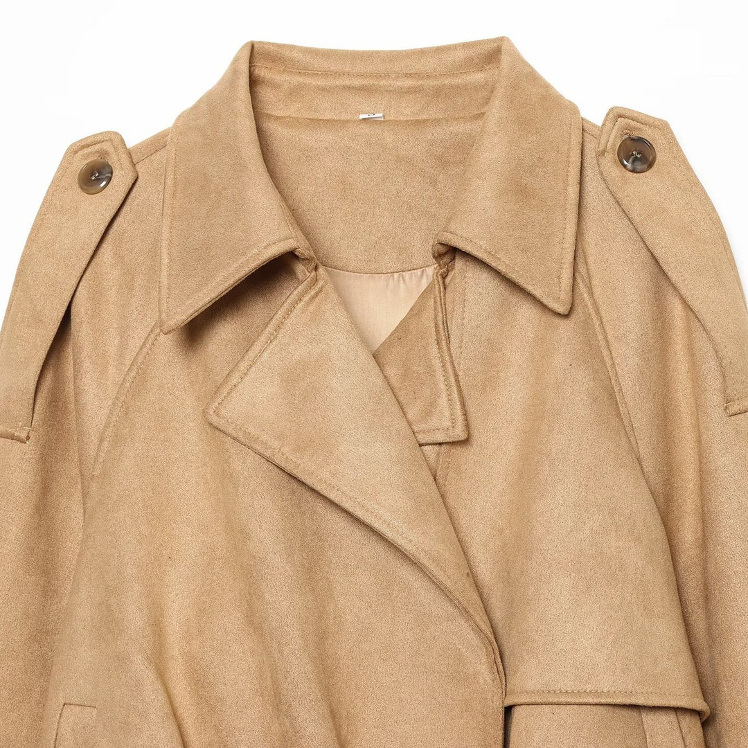 Women Short Cut Trench Jacket in Suede Look with Epaulettes and Buckle Cuffs Amarae