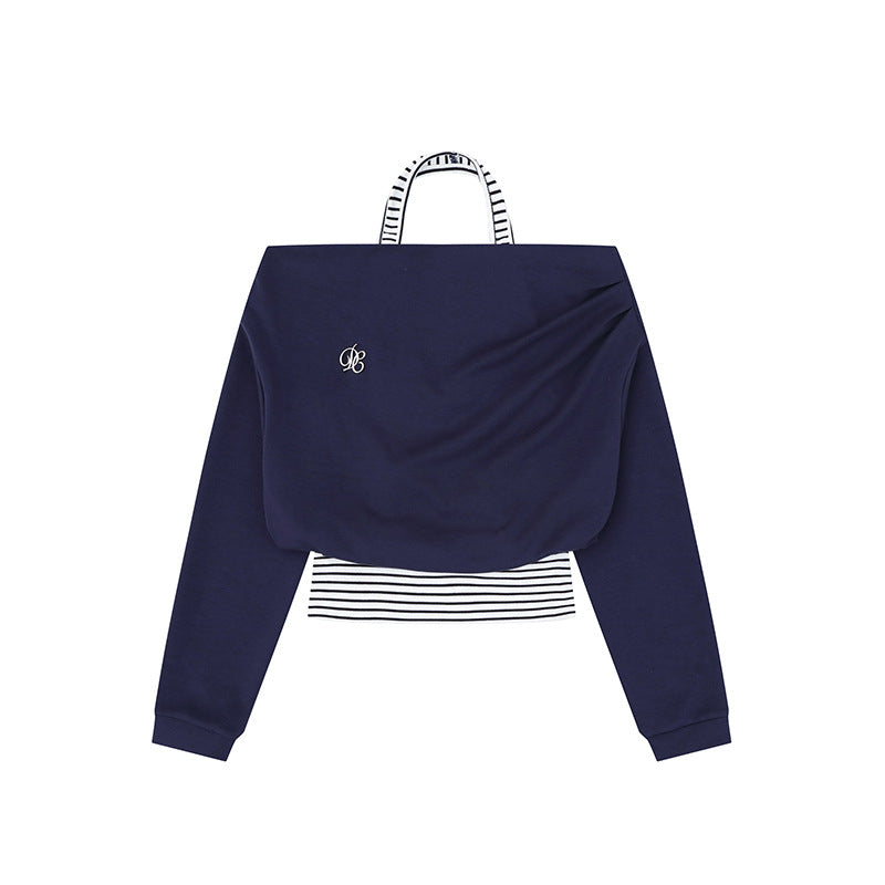 Women's Cropped Layered Hoodie with Integrated Striped Under-Shirt, Hood and Casual Raglan Cut