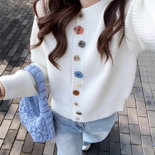 Knitted jacket for women with colorful button details and a high collar Amarae