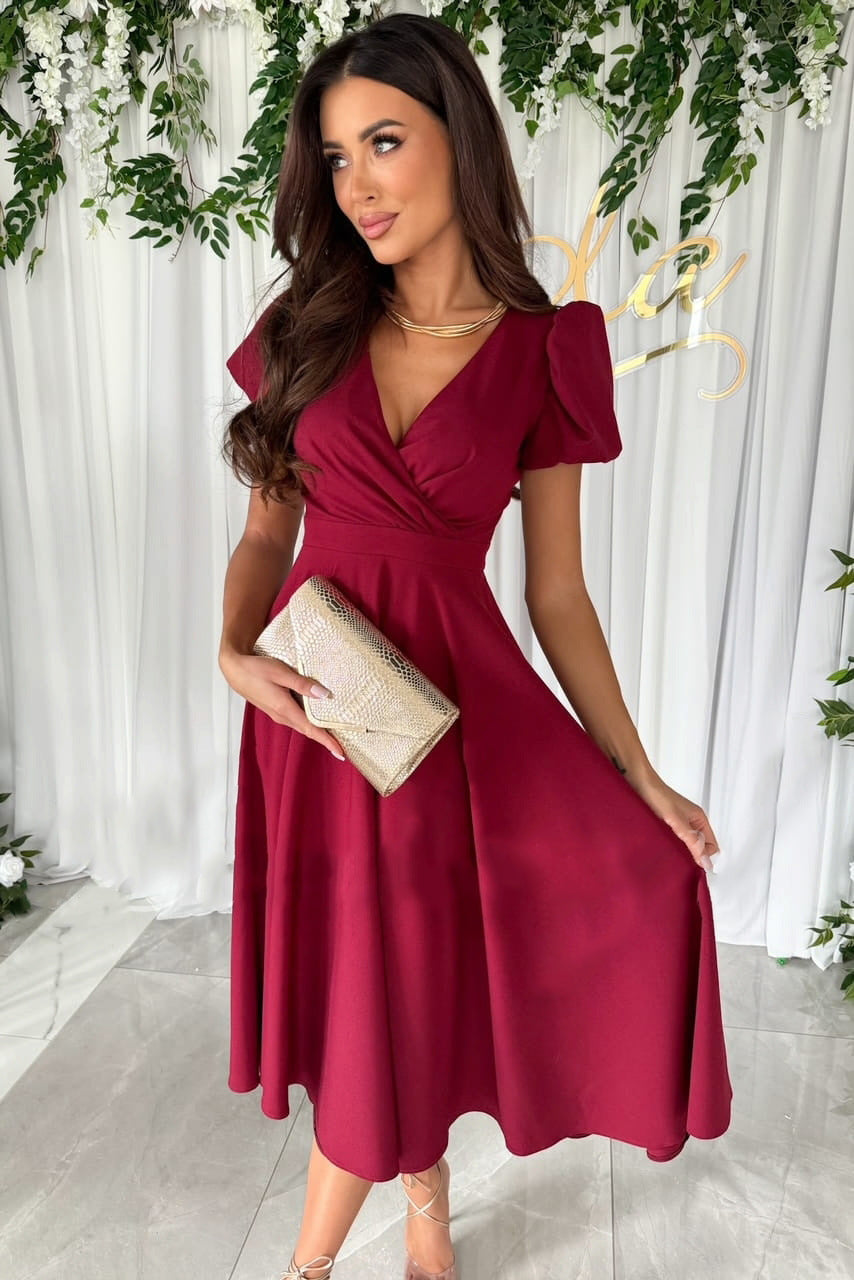 Ladies Elegant Midi Dress with Wrap Look and Flared Skirt Lune London