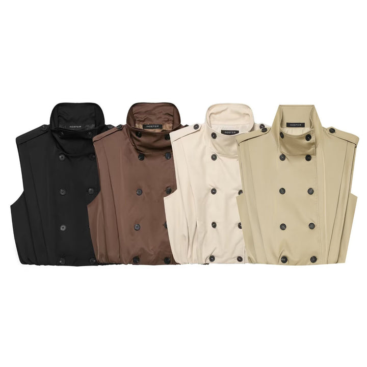 Women Sleeveless Trench Vest with Double Breasted and Stand Collar Amarae