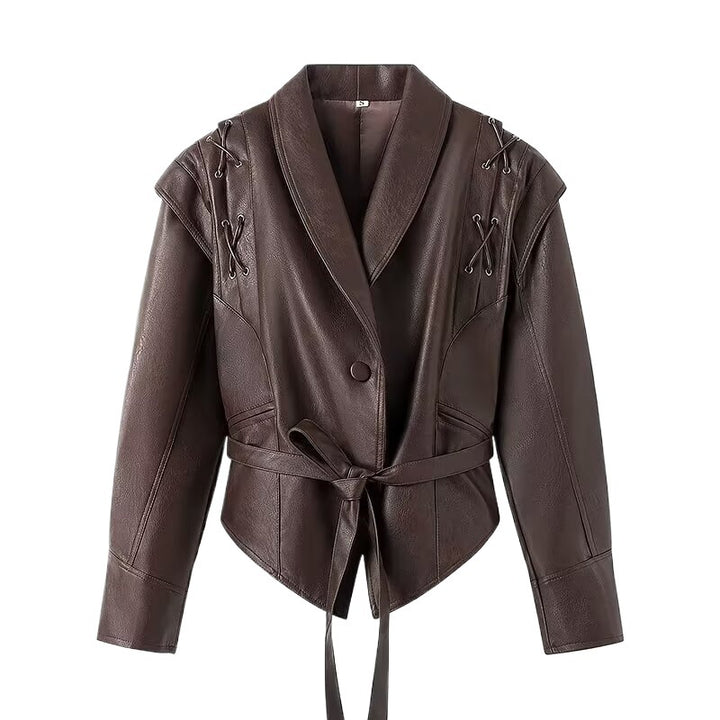 Ladies elegant faux leather jacket with adjustable belt and decorative lace details Lune London