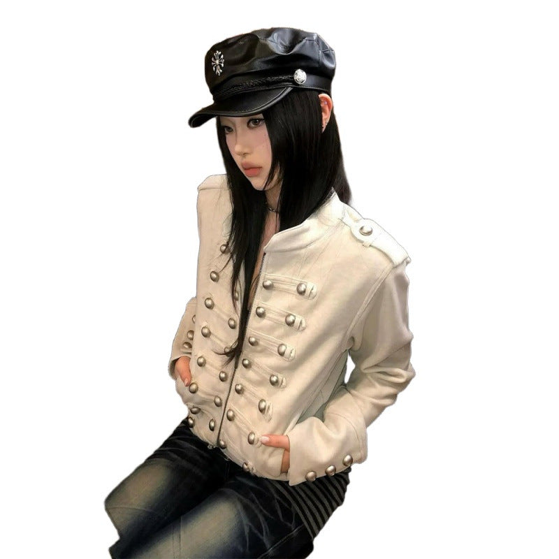 Women Short Military Inspired Jacket with Double Decorative Button Placket and Cuffs Amarae