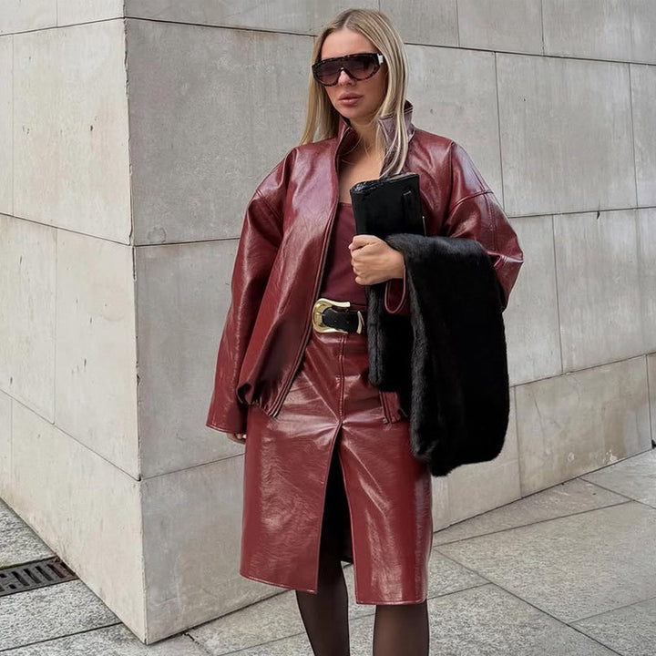 Women's Shiny Faux Leather Two-Piece with Oversized Zip Jacket and Tailored Midi Skirt Amarae