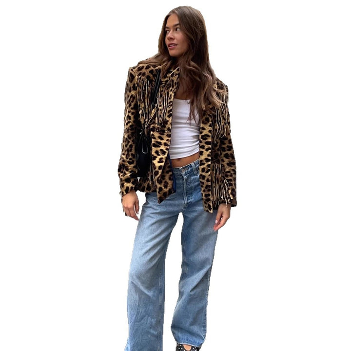 Women Short Faux Fur Blouson with Leopard Print and Fringe Amarae