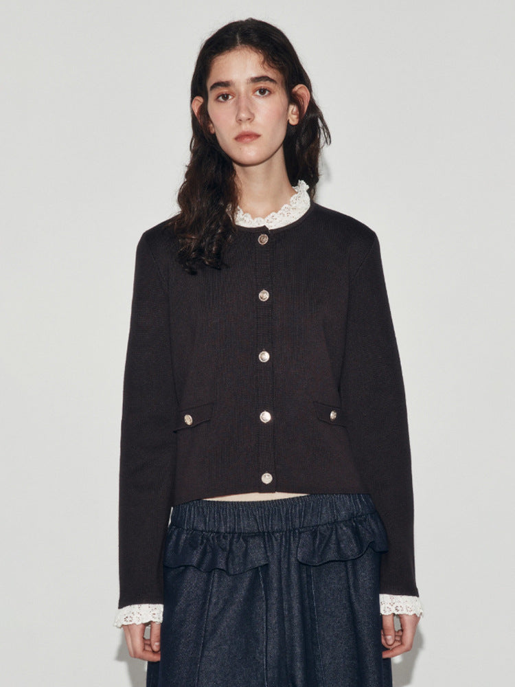 Women's Short Cut Fine Knit Cardigan with Round Neck, Decorative Buttons and Flap Pockets Amarae