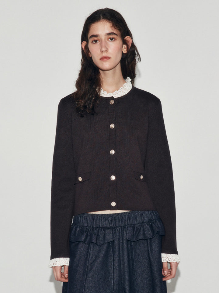 Women's Short Cut Fine Knit Cardigan with Round Neck, Decorative Buttons and Flap Pockets Amarae