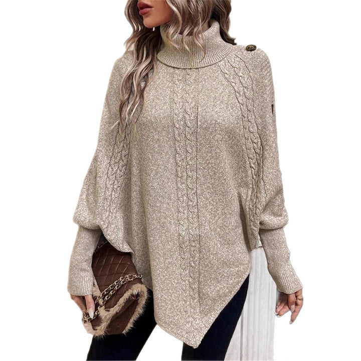 Thick knitted sweater for women with a modern high collar and playful button details Lune London