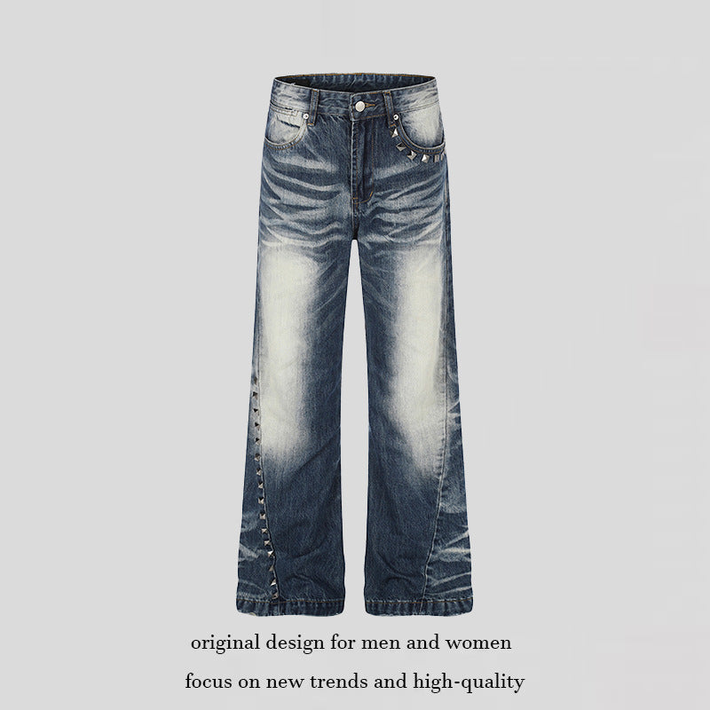 Women High-Waisted Wide Flare Jeans with Used Wash and Studded Trim Amarae