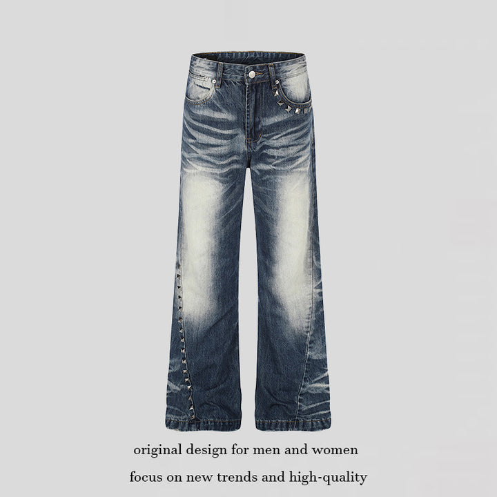 Women High-Waisted Wide Flare Jeans with Used Wash and Studded Trim Amarae