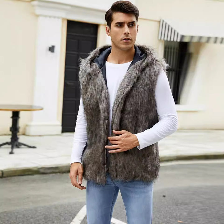 Men's vest with elegant faux fur and hood Lune London