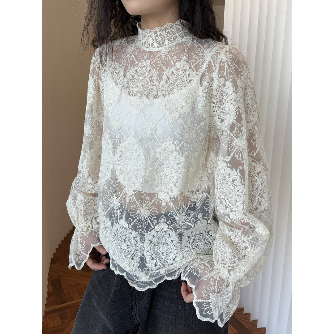 Women's Transparent Lace Blouse with Stand Collar and Balloon Sleeves Amarae