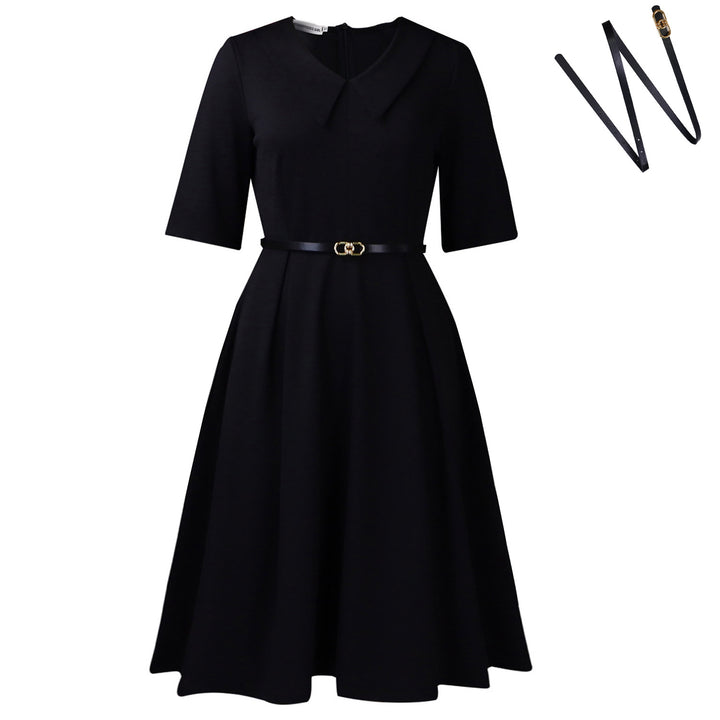 Elegant skater dress for women with collar and belt at the waist Lune London