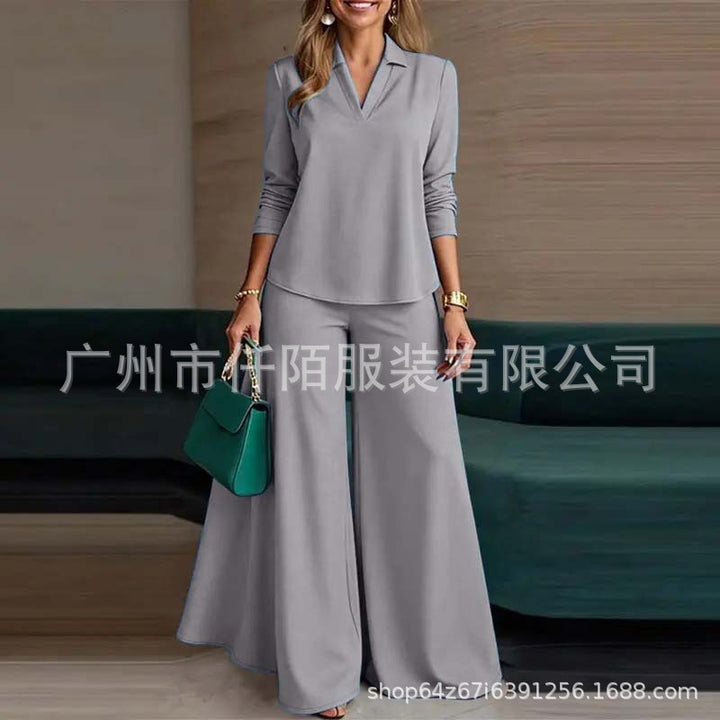 Ladies Elegant Two-Piece Palazzo Set with Shirt Collar Top and Wide Leg Amarae