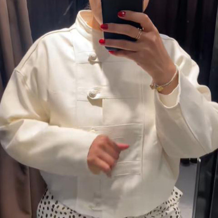 Women's Cropped Boxy Jacket with Chinese Stand Collar and Decorative Button Placket Amarae
