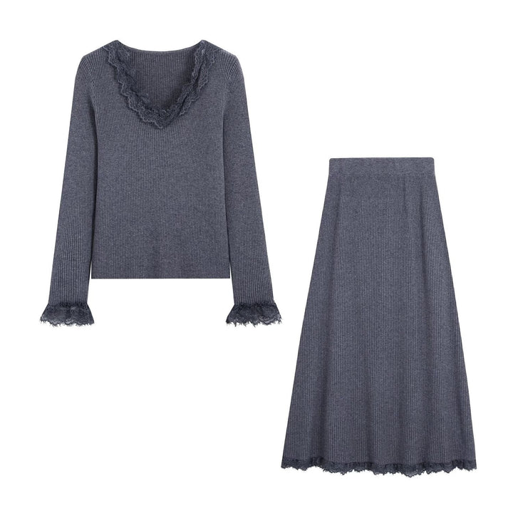 Women Two-Piece Ribbed Knit Set with Lace Trim Amarae