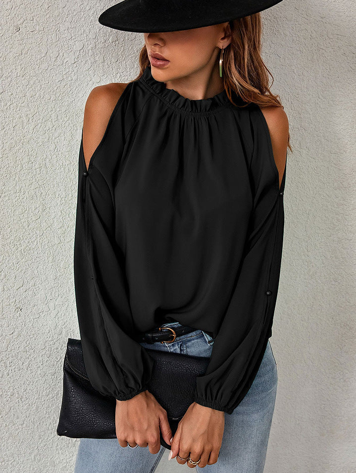 Women bardot blouse with balloon sleeves and a ruffled collar Lune London